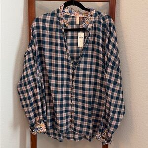 Pilcro Anthropologie The Tavi Plaid and Floral Button Down Blouse in Peach NWT